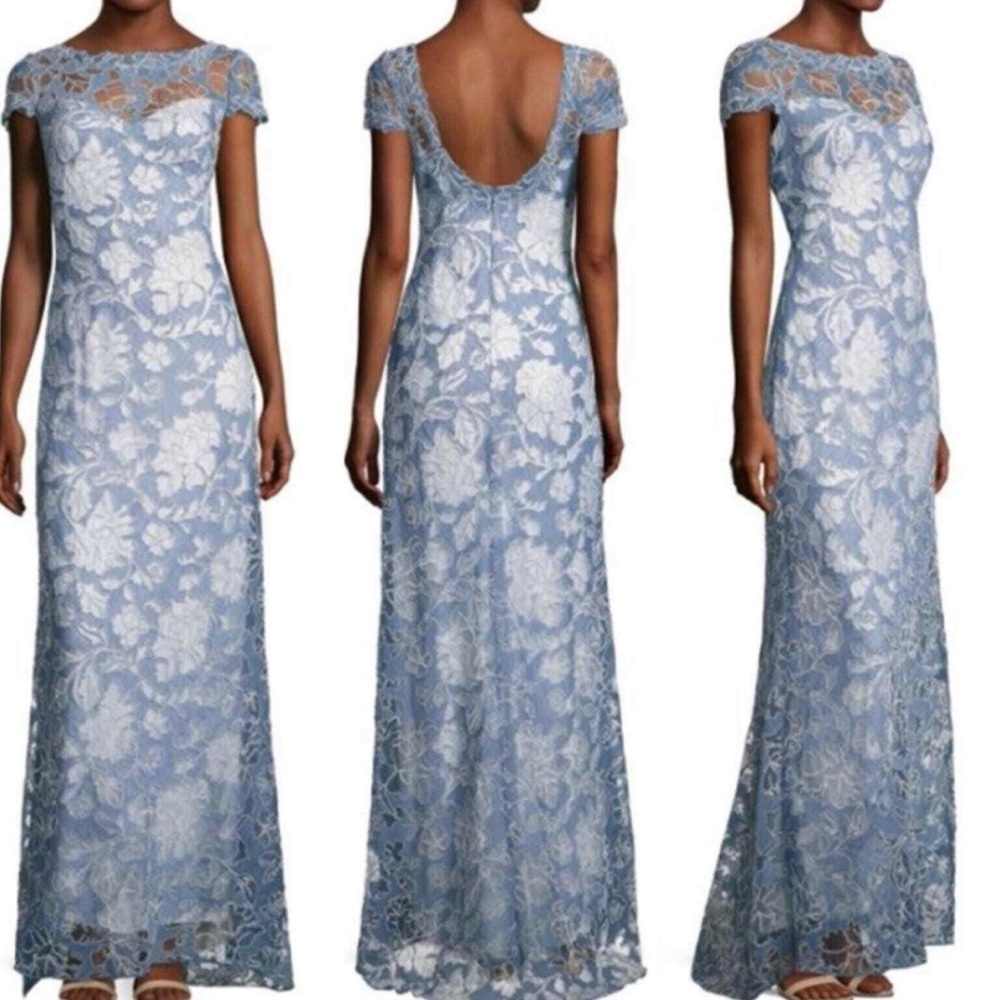 Tadashi Shoji Blue Flutter Sleeve Gown